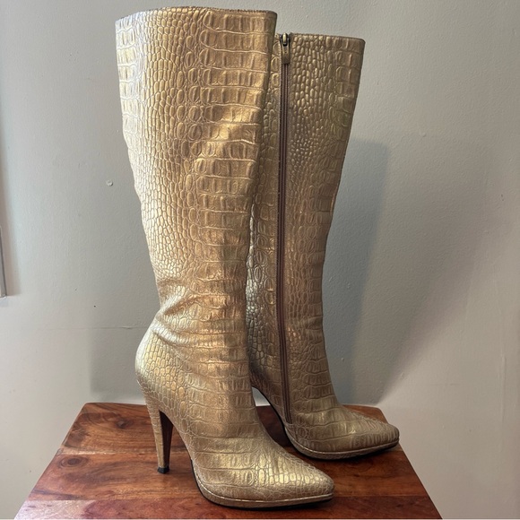 Colin Stuart Women’s Gold Leather Snakeskin Tall Boots Size 7.5 knee high - Picture 1 of 16